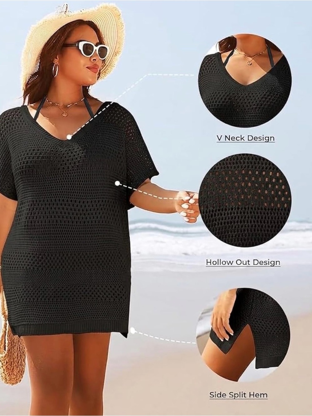 Younique Black Crochet V‑Neck Swim Coverup Tunic Dress - Picture 4 of 9